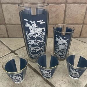 Hazel Atlas Blue Hunting Equestrian Glassware Set
